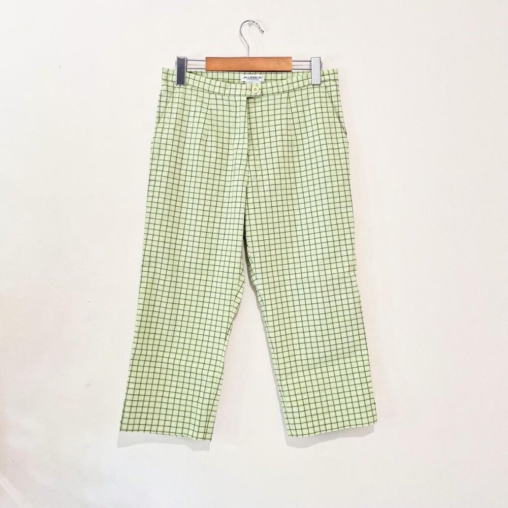 Y2K Pastel Lime Green Gingham Plaid Cropped Golf Capri Pants